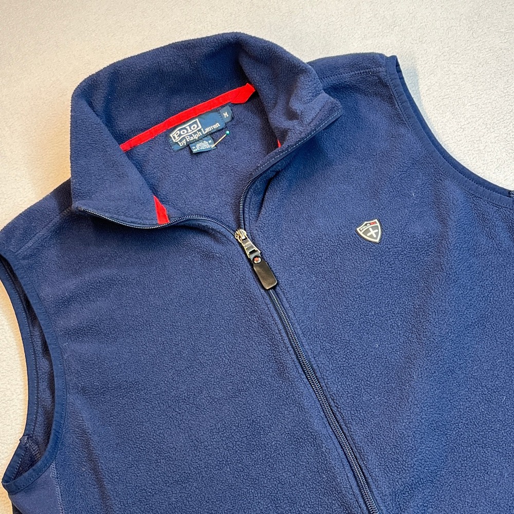Polo Ralph Lauren Mens Navy Blue Fleece Full Zip Vest Crest Patch Medium